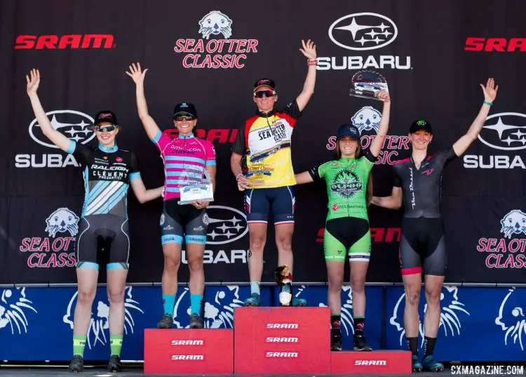 Sea Otter Classic 2016 Cyclocross Race, women's podium, L to R: Rathbun, McFadden, Mani, Clouse, Maximenko. © Cyclocross Magazine
