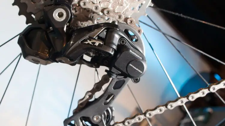 The new Deore Di2 rear derailleur brings wide-rage gearing with electronic shifting to a lower price point. © Andrew Yee / Cyclocross Magazine