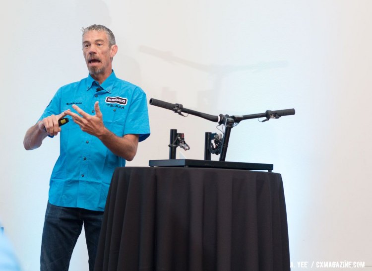 Shimano's Mountain Bike product manager Matt Robertson walks through the new Deore XT 8050 Di2 and Bluetooth Di2 component options. © Andrew Yee / Cyclocross Magazine