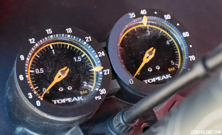 The twin gauges of the JoeBlow Dualie, designed for low-pressure riders. Topeak pumps. Sea Otter Classic 2016. © Cyclocross Magazine