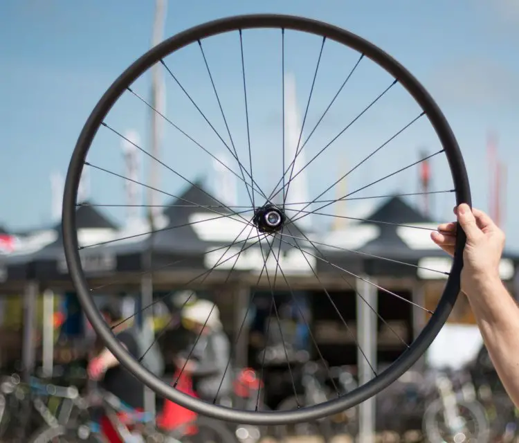 Vittoria also offers alloy rims in its mountain bike lineup, with asymmetrical rims, straight pull spokes, and a Speedlock rim profile to securely hold tubeless tires. Sea Otter Classic 2016. © Cyclocross Magazine