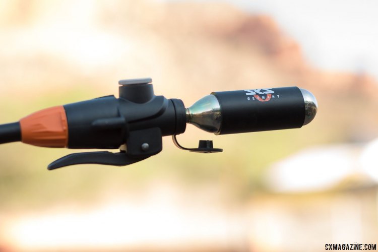 The new TL Pump head is SKS's new tubeless floor pump head that combines a Co2 inflato and floor pump. Use the Co2 cartridge for the initial burst, and then pump away to finish it off. Magura Press Camp. © Cyclocross Magazine
