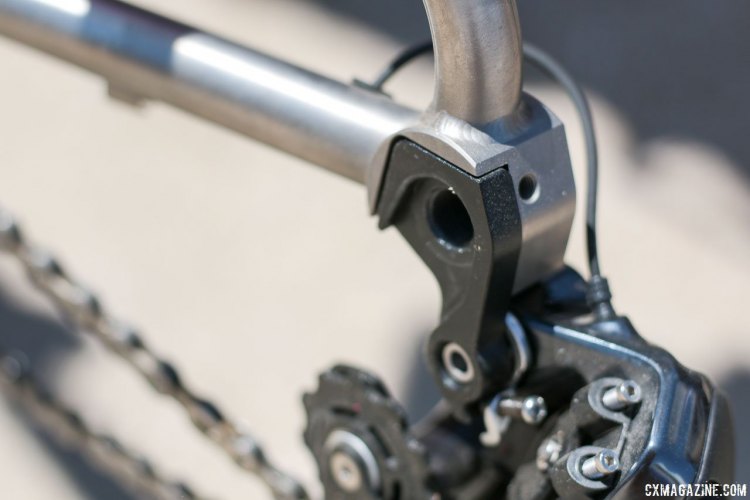 The drivetrain side rear drop out on the Litespeed T5 Gravel looks clean with it's machined hanger and the Di2 wire running thru the chainstay. Sea Otter Classic 2016. © Cyclocross Magazine