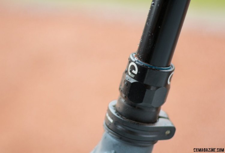 Magura's new ANT+ Vyron eLect wireless dropper post comes in 30.9mm and 31.6mm sizes and offers 150mm of travel. Note, those large numbers limit compatibility with 27.2mm seatpost bikes and bike setups with limited seat post showing. Magura Ride Camp 2016. © Cyclocross Magazine