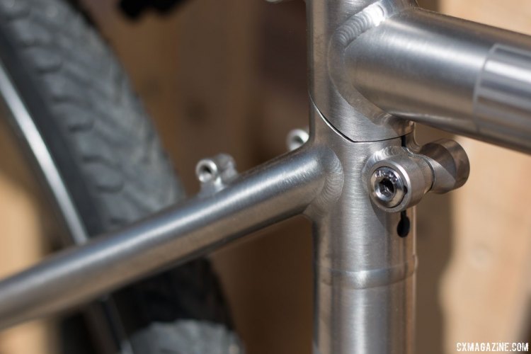Another look at the frame where it comes apart to fit in its own case. Note too the rack mounts and clearance for wide rubber. Sea Otter Classic 2016. © Cyclocross Magazine