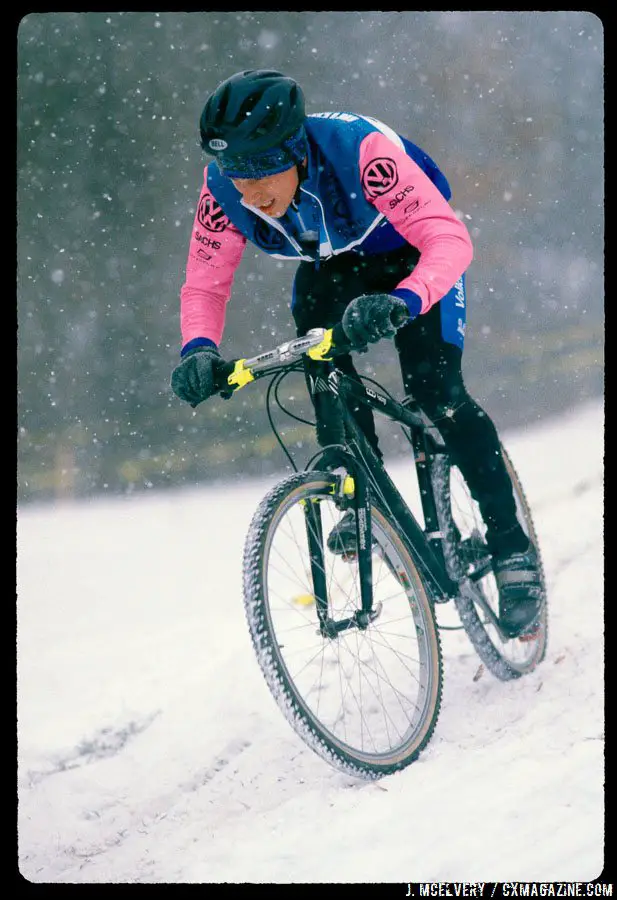 Tim Johnson using Magura's hydraulic rim brakes on his way to the 1995 Junior Cyclocross National Championship in Leicester, MA. © Jonathan McElvery