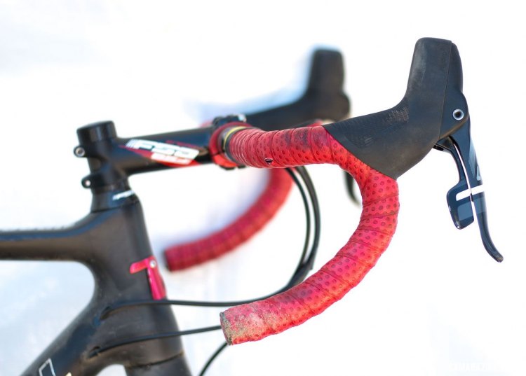 Maximenko's FSA Omega compact bars are affordable and survived the crash fine, but her tape shows some wear from her fall in the race. Sea Otter Classic 2016. © Cyclocross Magazine