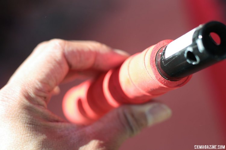 Velo doesn't just dominate the saddle market, but it also makes most handlebar tape sold by others. The company has tape that retails from $8 to $40, showcases its top-of-the-line silcone-based handelbar tape as ideal for gravel and cyclocross due to its durability and shock absorption. Sea Otter Classic 2016. © Cyclocross Magazine