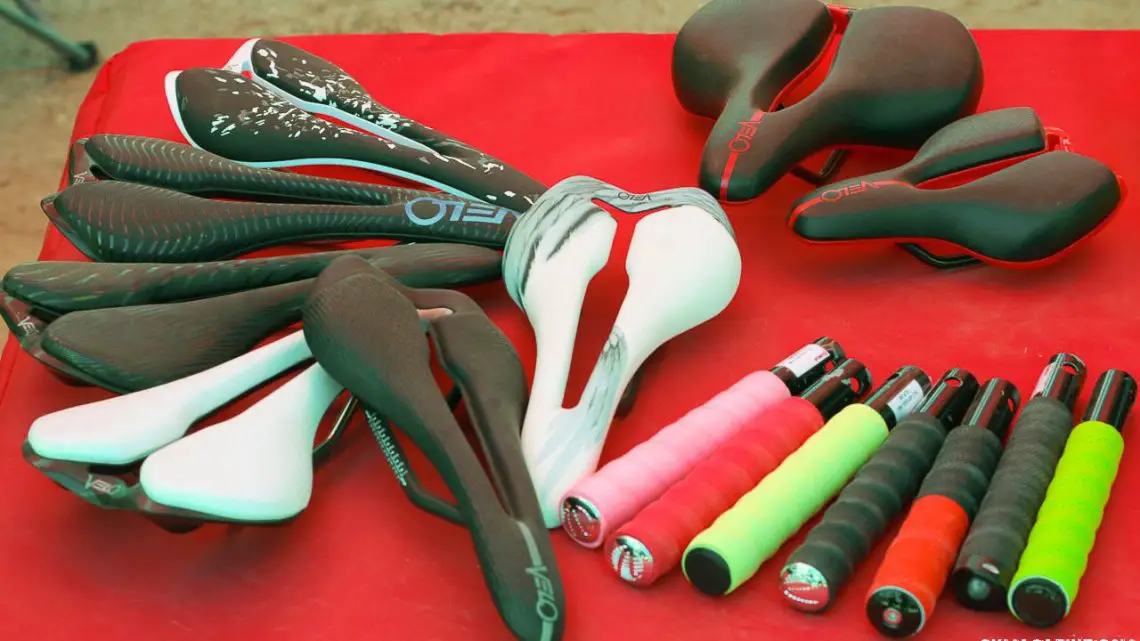 Velo Angel saddles and handlebar tape gives cyclocrossers and gravel cyclists a ton of options, and the company hopes to dominate the IBD's aftermarket sales. Sea Otter Classic 2016. © Cyclocross Magazine