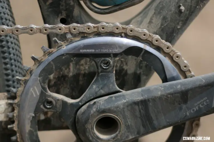 Go big or go home. Decker rolled a 44 tooth single ring at the 2016 Lost & Found. He paired it with an XD 10-42 cassette. ©️ Cyclocross Magazine