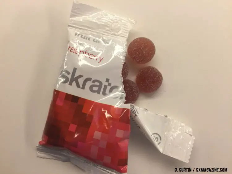 In an initial taste test, the raspberry flavor Fruit Drops are smoother than the orange. ©️ Daniel Curtin / Cyclocross Magazine