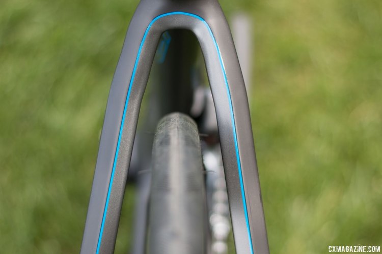 The Blue Bicycles Prosecco EX gravel bike is said to fit 40c tires, but without a lot of room to spare. Press Camp 2016. © Cyclocross Magazine