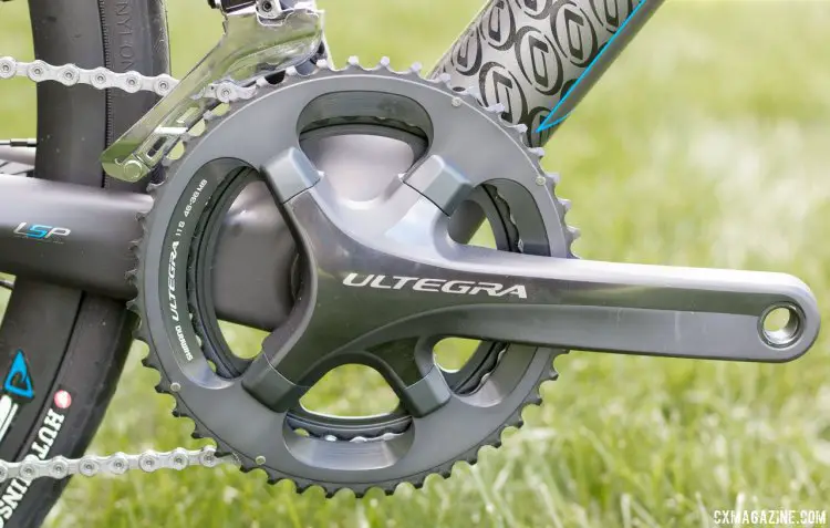 No cost cutting here. Shimano Ultegra's crankset, with 36/46 chainrings follows Salsa and Raleigh in deciding cyclocross chainrings are fine for gravel riding. Blue Bicycles Prosecco EX gravel bike. Press Camp 2016. © Cyclocross Magazine