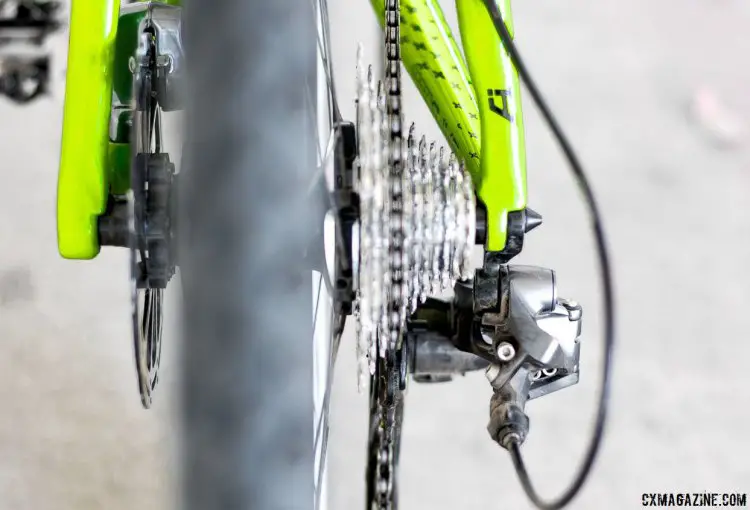 It's hard to see, but the rear wheel has a pretty similar dish on both sides, due to the Ai system. The chainstay, hub, chainline all move out 6mm to the right.2017 Cannondale SuperX Team Cyclocross bike. © Cyclocross Magazine
