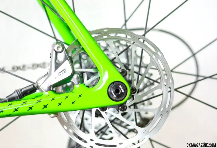 2017 Cannondale SuperX Team Cyclocross bike features thru axles, but no levers here. A hex bolt keeps things light and secure. © Cyclocross Magazine