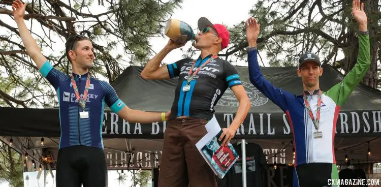 Decker celebrates his win with Ortenblad and Thomas. 2016 Lost and Found Gravel Race. © Cyclocross Magazine