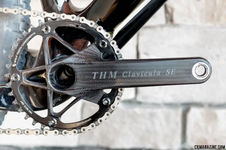 Our 3T Exploro gravel/cyclocross bike featured the ultralight, pricey $1200 THM Carbones Clavicula SE crankset with a 130mm BCD 42t Wolf Tooth Drop Stop chainring. © Cyclocross Magazine