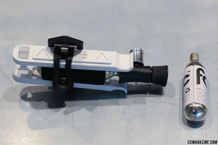 The new CO2 cartridge inflator from Fabric includes a flow regulation dial that allows you to save a half-used cartridge for later. Press Camp 2016. © Cyclocross Magazine