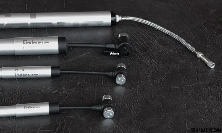 All four pumps have pump heads on hoses that store inside the pump. Fabric, Press Camp 2016. From bottom to top: R150, R200, M200 and Z250. © Cyclocross Magazine