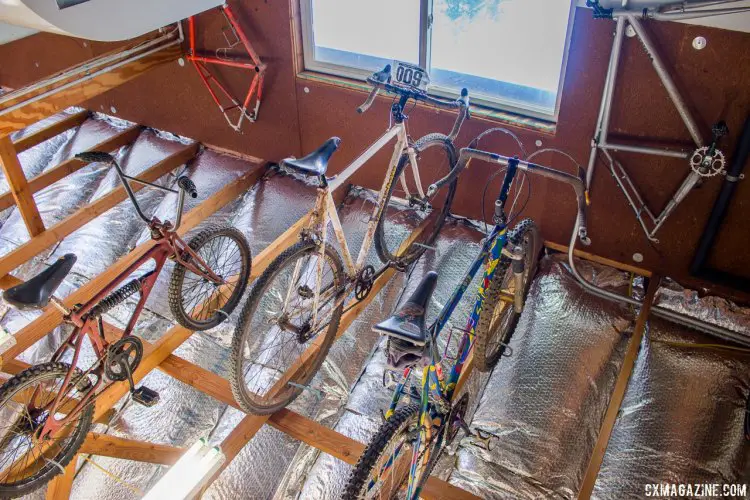 The white bike is Price's Rock Lobster cyclocross bike he raced on for several seasons, while the blue bike is an old drop bar Salsa mountain bike he rode a lot. Paul Component Engineering © Cyclocross Magazine