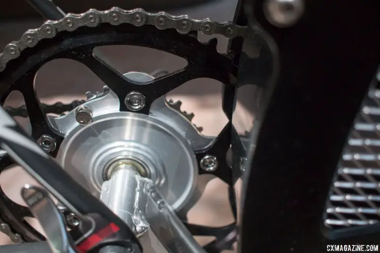 While the main resistance changes come from switiching gears on the bike, RevBox owners can also change chainrings on the unit itself. Press Camp 2016. © Cyclocross Magazine