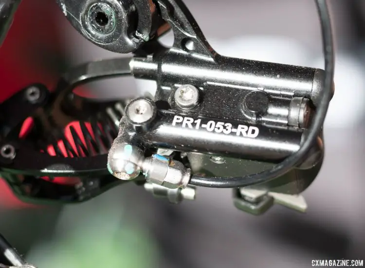 The bolt to the left of the lettering is the fill port for the 30% gylcol-based hydraulic fluid. Rotor's Uno hydraulic shifting component group. © Cyclocross Magazine