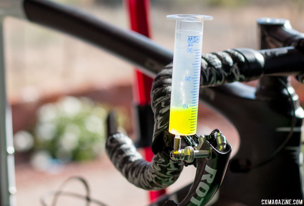 The mechanics typically stick with OEM brake fluid. © Cyclocross Magazine