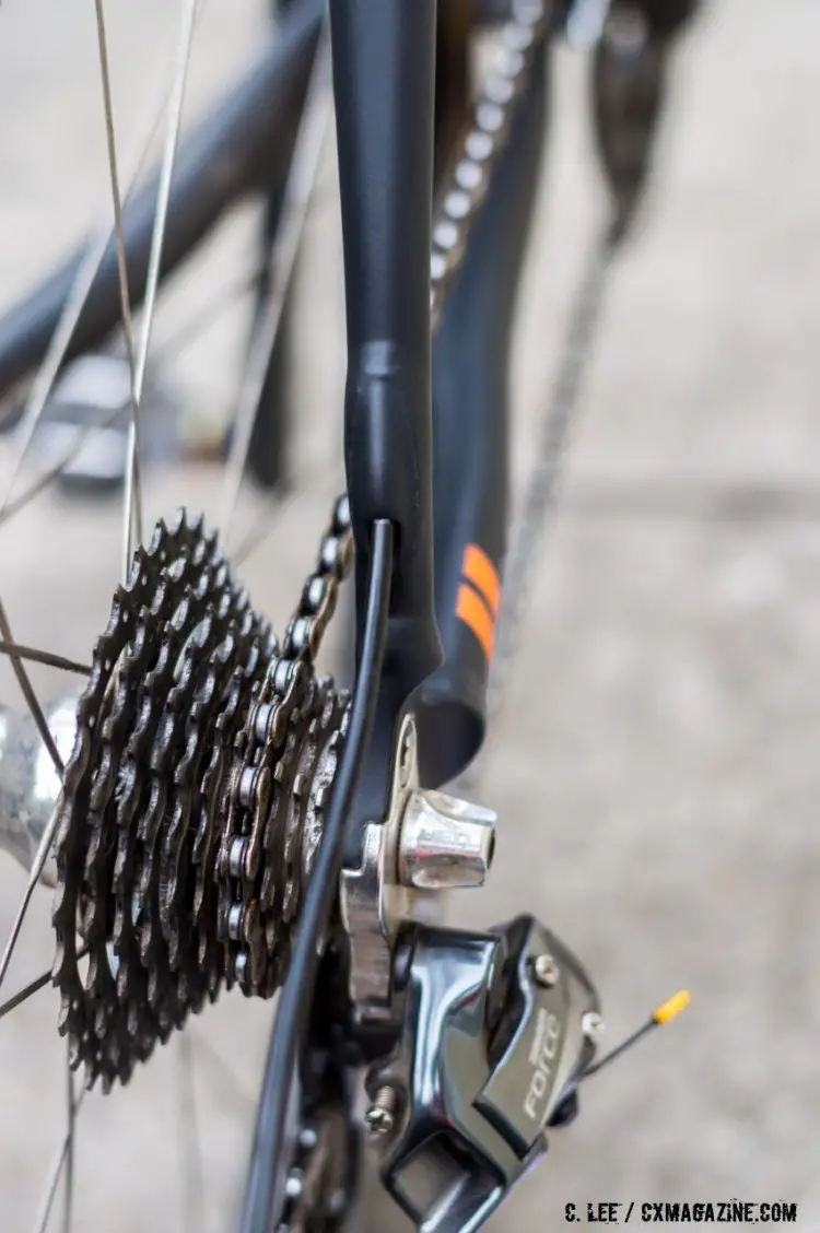 Seatstay exit for the internal full-housing rear derailleur cable. ©️ Clifford Lee / Cyclocross Magazine