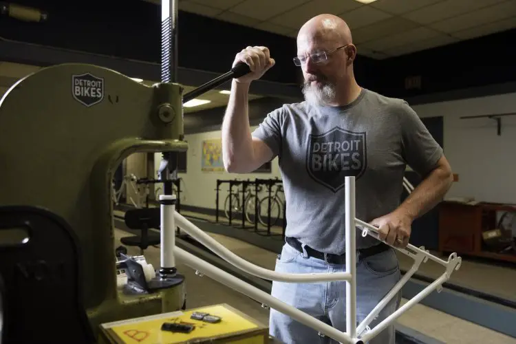 John Thomas machining the head tube of a Detroit Bikes B-Type. photo: courtesy