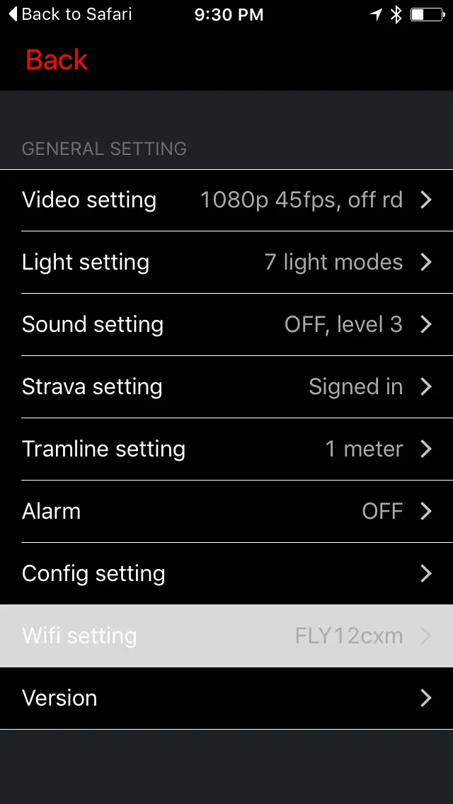 Fly12 configuration screen via Cycliq Plus iPhone app