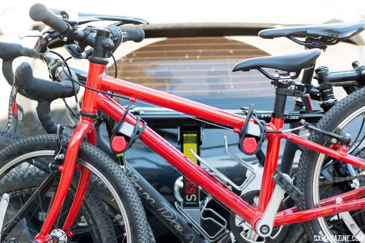 Securing a kid's bike to the Allen Sports S535 Premier 3-bike hitch rack is a challenge. We had to get creative with this 20" wheel Isla bike. © Cyclocross Magazine