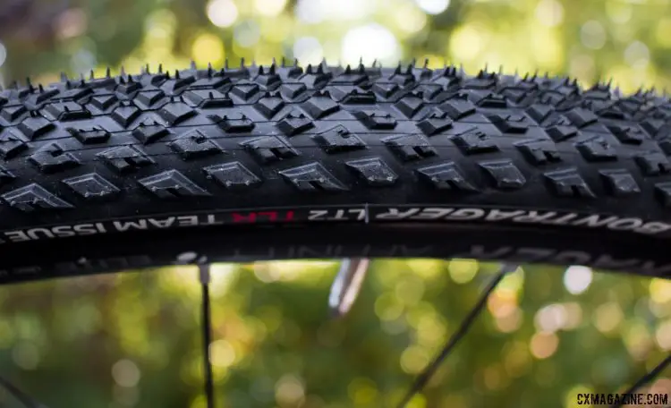 The new LT2 TLR tubeless gravel tire from Bontrager is originally a hybrid tire, but the TLR Team Issue is intended for "gravel, paths, roads, and alleys." © Cyclocross Magazine