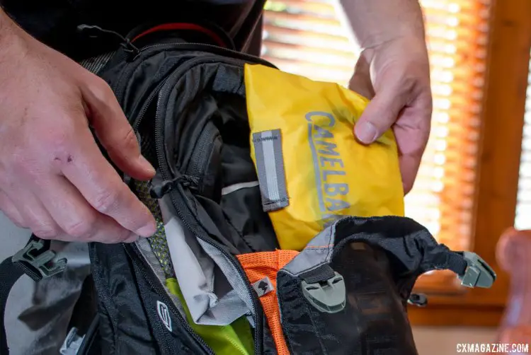 The Camelbak Mule LR comes with some handy accessories, including a rain cover. Press Camp 2016. © Cyclocross MagazineCamelbak, Press Camp 2016. © Cyclocross Magazine