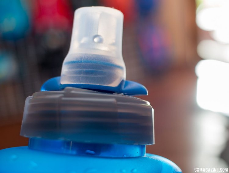 CamelBak's Quick Stow Flask has a bite valve and on/off switch. Press Camp 2016. © Cyclocross Magazine