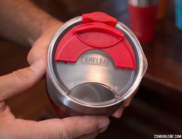 CamelBak even has stainless coffee mugs, with a flip top, and lots of colors. Press Camp 2016. © Cyclocross Magazine