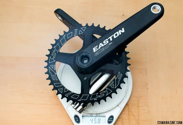 Easton's new EC90 SL carbon crankset is gram saver at 458g without bottom bracket, and helped shed over 170gcompared to a Rotor 3D+ crankset, bottom bracket and Wolf Tooth ring. © Cyclocross Magazine