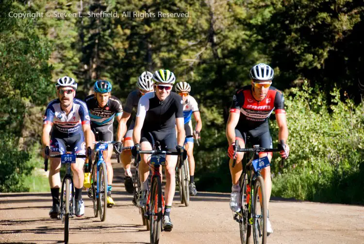 Lead group of six in the Men's Pro field nearing the top of the first climb. From L-R: Michael Burleigh, Jamey Driscoll, Dave Zabriskie (obscured behind Robbie Squire), Robbie Squire, Leroy Popowski, Todd Wells. 2016 Tushar Crusher. Photo courtesy Steven L. Sheffield