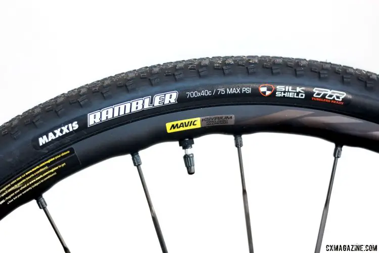 The Rambler 40c 120tpi EXO tire is a lightweight gravel champ that we'll try on bumpy cyclocross races, while the 60tpi SilkShield adds more protection for rocky gravel courses. Maxxis Rambler 40c gravel tire review. © Cyclocross Magazine