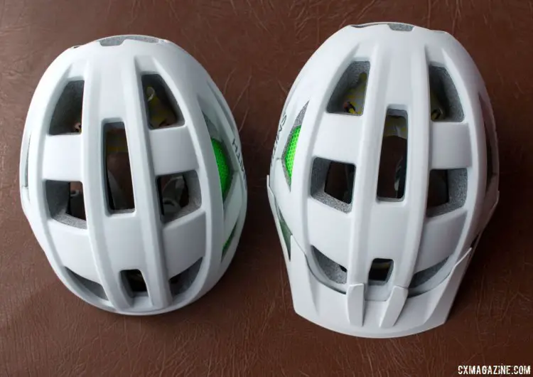 Smith's new Route (road, left) and Rover (mtb, right) helmets use different molds but look similar. Both are $150 for non-MIPS, and $180 for MIPS, available now. Press Camp 2016. © Cyclocross Magazine