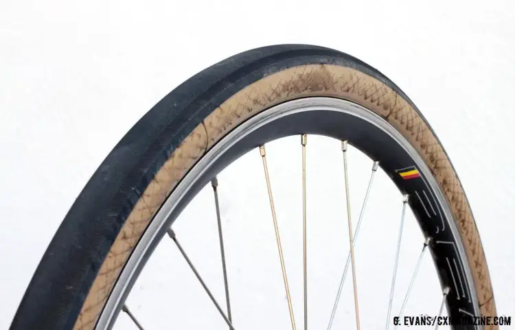 The Bon Jon Pass began to show the telltale signs of sidewall weeping as muddy crosshatching appeared on the tan casing after every ride. © Cyclocross Magazine