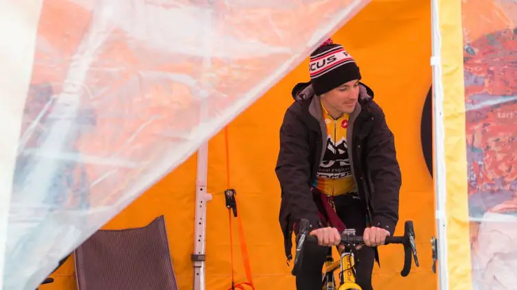 Allen Krughoff had days to inspect the course in Asheville, and kept dry and warm in his team tent before his race at 2016 Nationals. © A. Yee / Cyclocross Magazine
