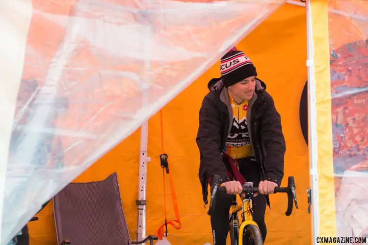 Allen Krughoff had days to inspect the course in Asheville, and kept dry and warm in his team tent before his race at 2016 Nationals. © A. Yee / Cyclocross Magazine