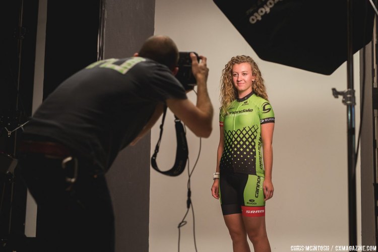 Emma White gets her headshot taken by staff photographer Jake Hamm © Chris McIntosh / Cyclocross Magazine