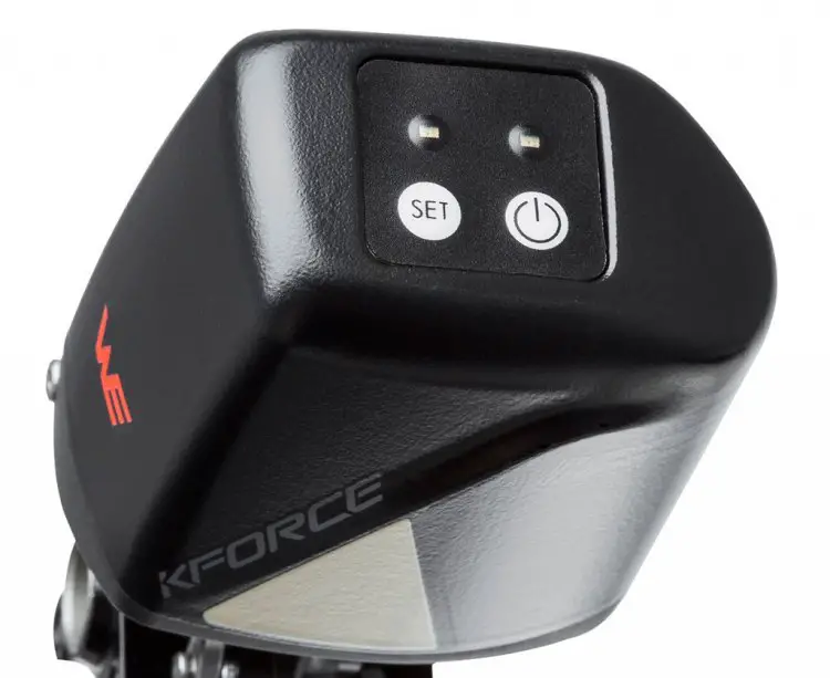 The Full Speed Ahead (FSA) K-Force WE electronic wireless component group and drivetrain features some user-friendly buttons and lights. The power setting allows shutting down the unit for travel, while the Set option auto-configures the shifting when the cog is in the 6th position.