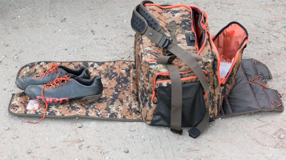GYST Changing/Transition DB1-15 Duffel Bag features changing mats to keep the dirt, mud and snow away from your feet. There are actually two mats, and they can be used to create a double-layer waterproof floor. © Cyclocross Magazine
