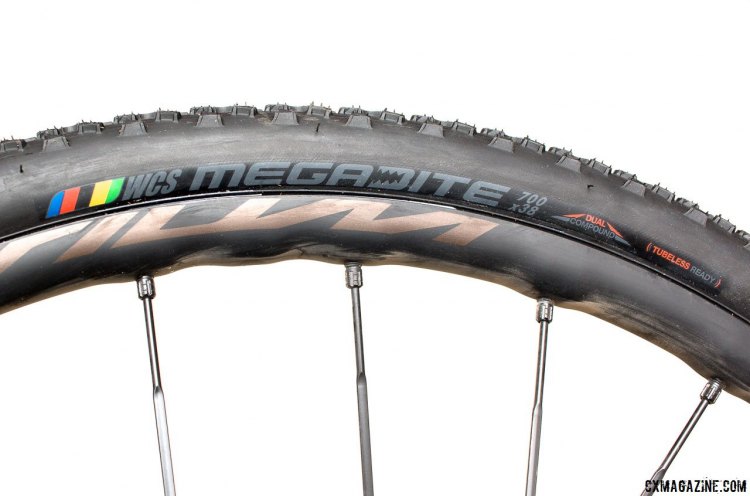 The Ritchey Megabite 38c Cross Tire mounted on a Mavic Kysrium Pro Disc Allroad rim without tire levers, but snapped loudly into place when seated with a charger pump. © Cyclocross Magazine