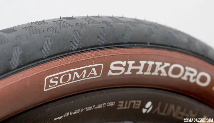 Soma Fab Shikoro 38c road/gravel tire offers a brown sidewall, with bead-to-bead polyamide belt protection underneath. © Cyclocross Magazine