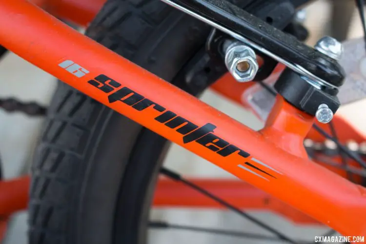 Our Stampede Bikes (TykesBykes) Sprinter 16 came in bright orange, but new models are in dayglo yellow and blue. © Cyclocross Magazine