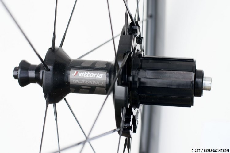 Vittoria Qurano 46 Graphene Carbon Tubular Wheelset features a rear hub that converts easily between different freehubs. © C. Lee / Cyclocross Magazine