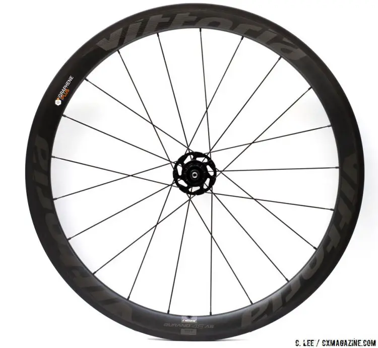 Vittoria Qurano 46 Graphene Carbon Tubular Wheelset features a 46mm deep rear rim, with 14 spokes on the drive side and 7 spokes on the non-drive side. © C. Lee / Cyclocross Magazine